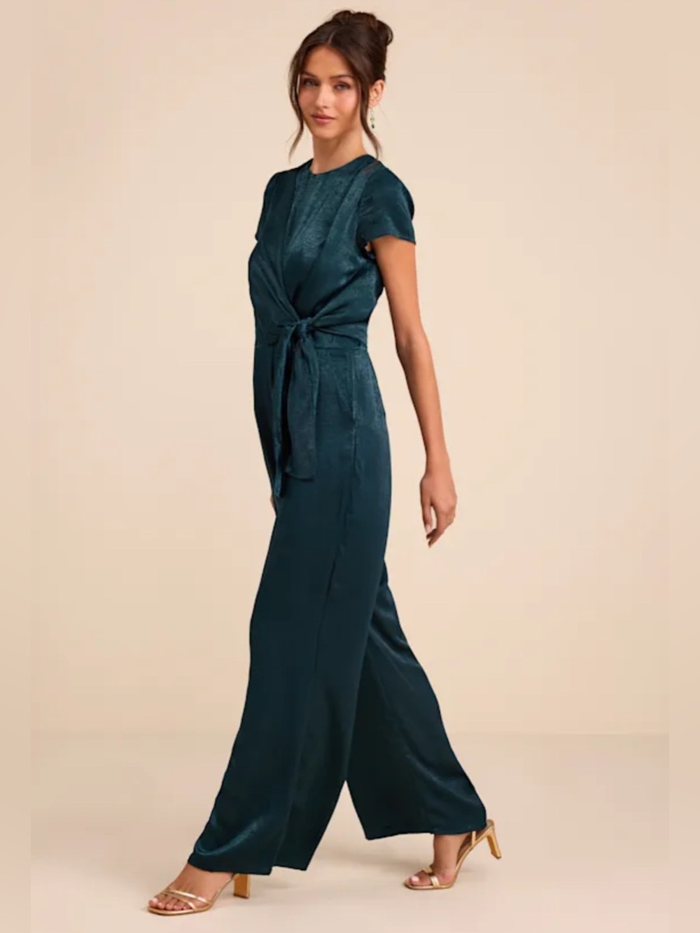 Lulus Jumpsuit Let Me Entertain You Dark Green Satin Wide-Leg Jumpsuit